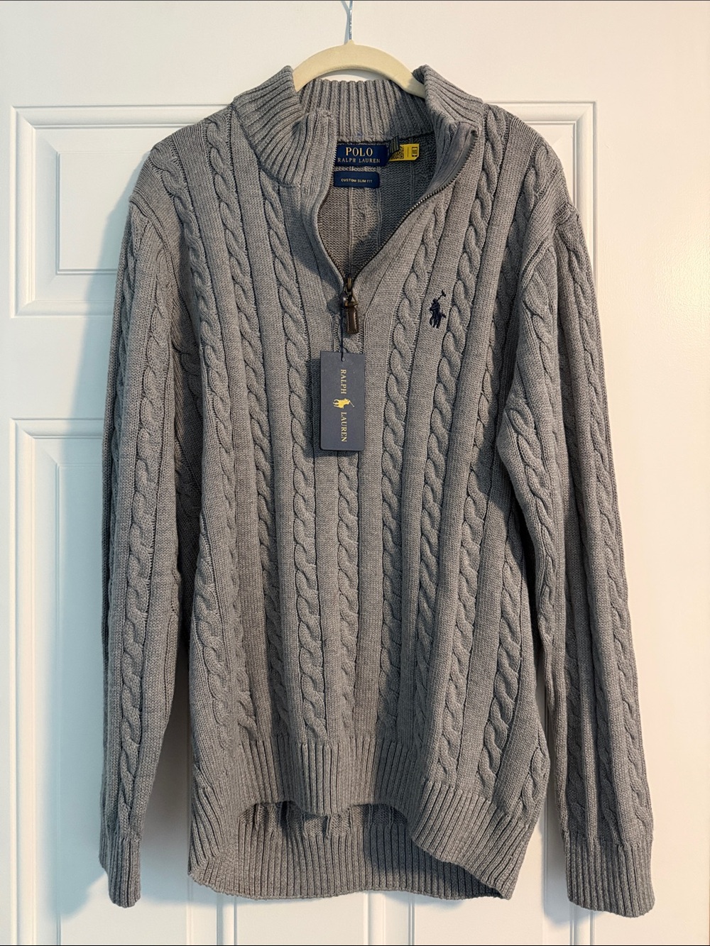 Polo by Ralph Lauren Light Gray Cable Quarter-Zip Sweater